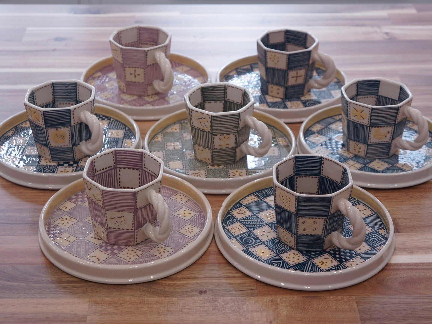 Jingdezhen | Gutou | Chessboard Pattern Mug & Saucer Set Purple