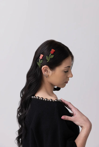 Winona Irene｜Red Rose Barrette Hair Clip set of Two