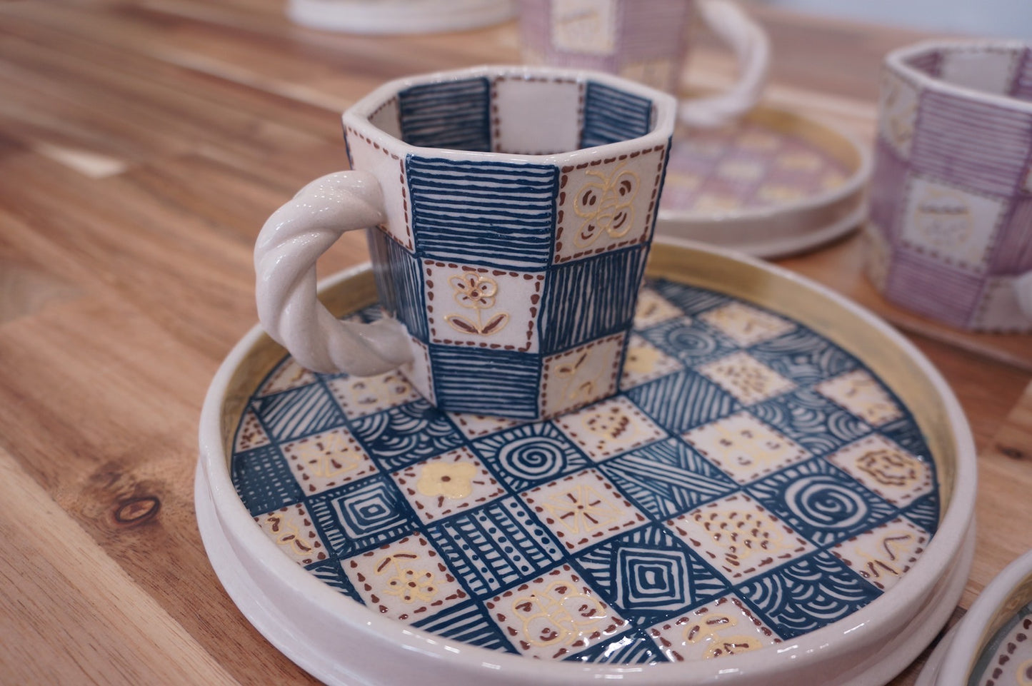 Jingdezhen | Gutou | Chessboard Pattern Mug & Saucer Set Blue