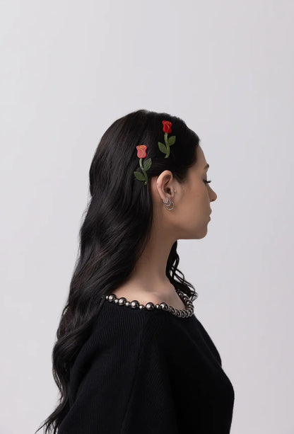 Winona Irene｜Red Rose Barrette Hair Clip set of Two