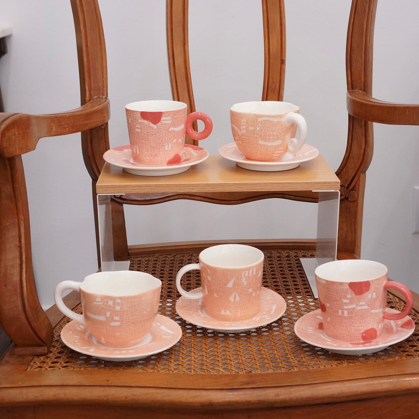 Jingdezhen | Gutou | Exclusive Customization Hundred Huts Cup & Saucer - Pink