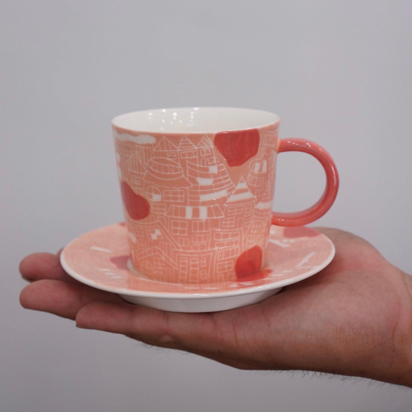 Jingdezhen | Gutou | Exclusive Customization Hundred Huts Cup & Saucer - Pink