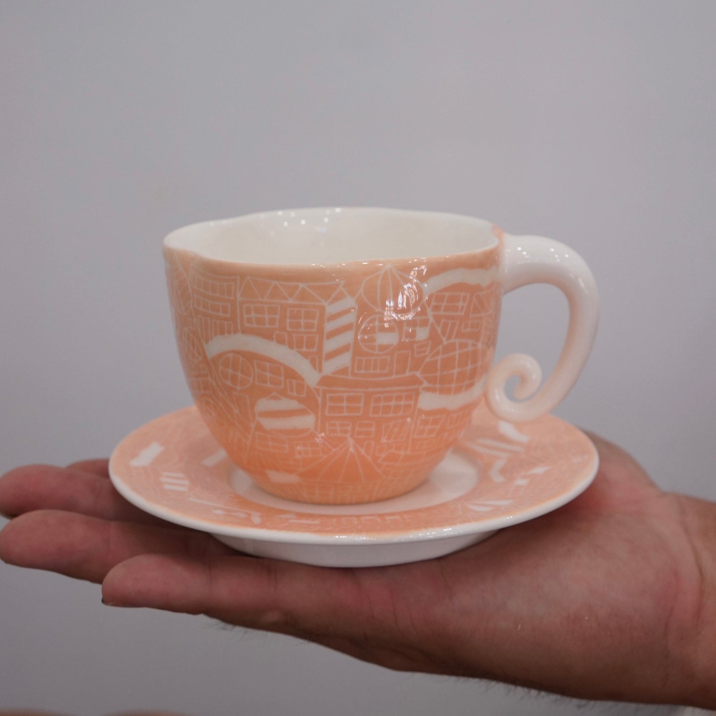 Jingdezhen | Gutou | Exclusive Customization Hundred Huts Cup & Saucer - Pink