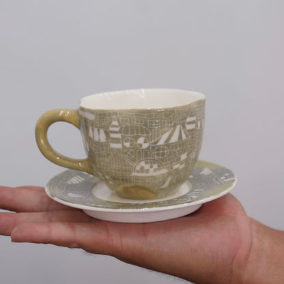 Jingdezhen | Gutou | Exclusive Customization Hundred Huts Cup & Saucer - Green