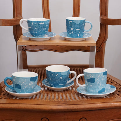 Jingdezhen | Gutou | Exclusive Customization Hundred Huts Cup & Saucer - Blue