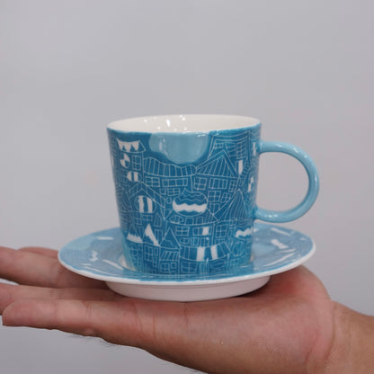 Jingdezhen | Gutou | Exclusive Customization Hundred Huts Cup & Saucer - Blue