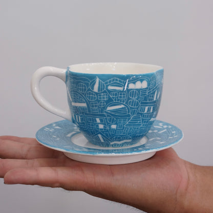 Jingdezhen | Gutou | Exclusive Customization Hundred Huts Cup & Saucer - Blue