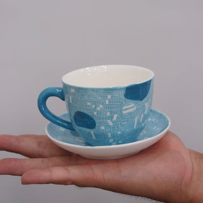 Jingdezhen | Gutou | Exclusive Customization Hundred Huts Cup & Saucer - Blue