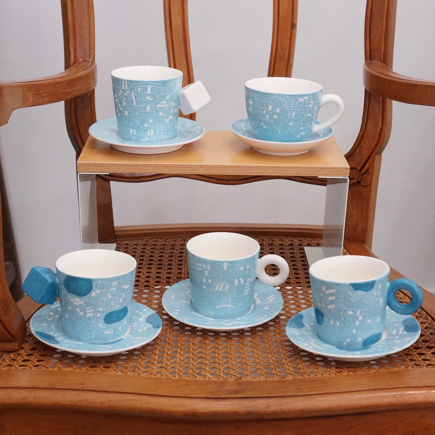 Jingdezhen | Gutou | Exclusive Customization Hundred Huts Cup & Saucer - Misty Blue