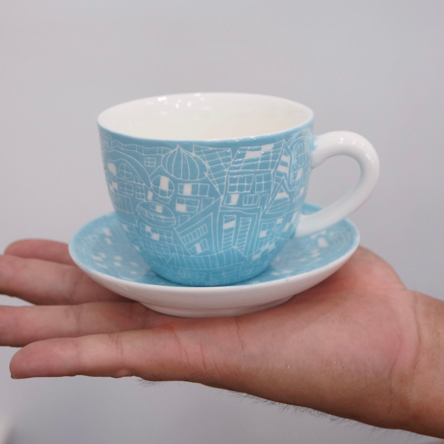 Jingdezhen | Gutou | Exclusive Customization Hundred Huts Cup & Saucer - Misty Blue