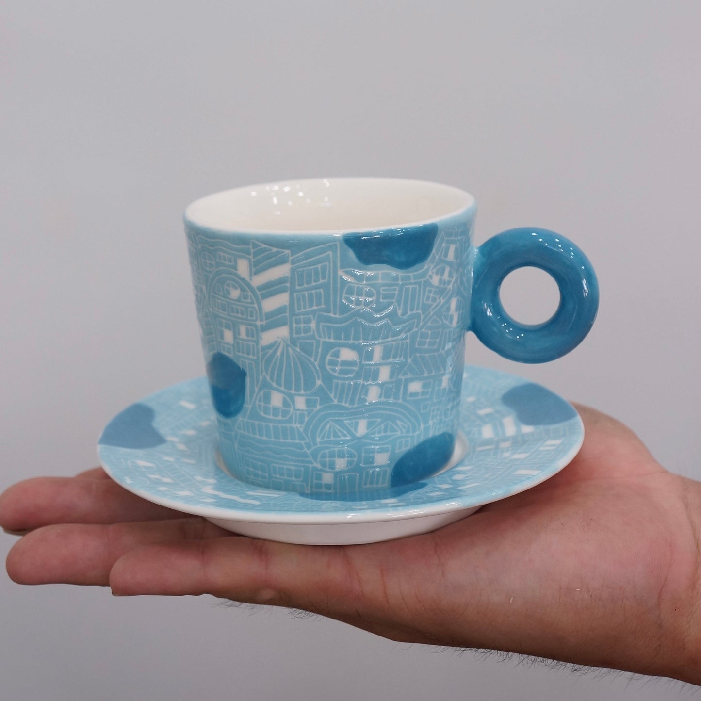 Jingdezhen | Gutou | Exclusive Customization Hundred Huts Cup & Saucer - Misty Blue