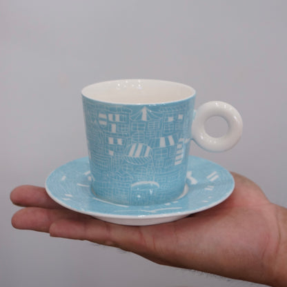 Jingdezhen | Gutou | Exclusive Customization Hundred Huts Cup & Saucer - Misty Blue