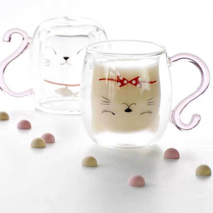 Cat Double Glass Mug - Pink Tail Gold Fish