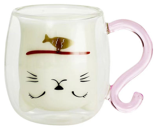 Cat Double Glass Mug - Pink Tail Gold Fish