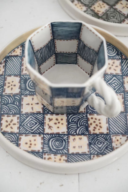 Jingdezhen | Gutou | Chessboard Pattern Mug & Saucer Set Blue